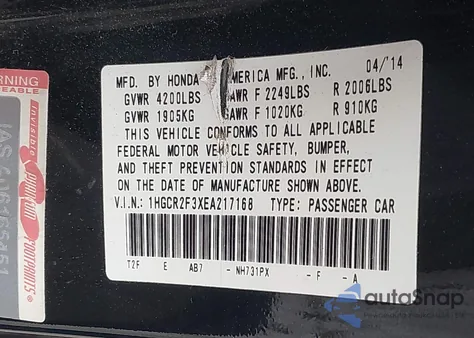 2014 Honda Accord Lx из США, поврежденный, VIN 1HGCR2F3XEA217168